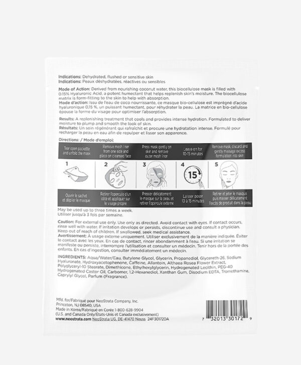 30172_neo_pure_hyaluronic_acid_biocellulose_mask_v4.jpg Bilden visa baksidan av en förpackning på produkten pure hyaluronic acid mask.